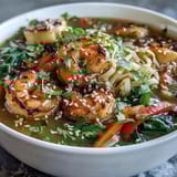 Asian Noodle Bowl with Shrimp and Scallops features vibrant vegetables and herbs topped with toasted sesame seeds.