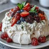 Light and airy pavlova dessert crowned with fluffy whipped cream and a colorful medley of fresh spring berries.