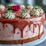 Beautiful pink rosé velvet cake adorned with a shimmering metallic gold drip.