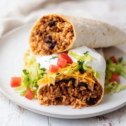 A close-up of a fully-loaded beef burrito, ready to eat, with fresh cilantro garnish and sour cream.