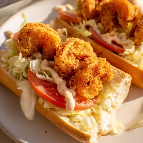A loaded Shrimp Po Boy features crispy shrimp layered with fresh lettuce, tomatoes, and mayo.