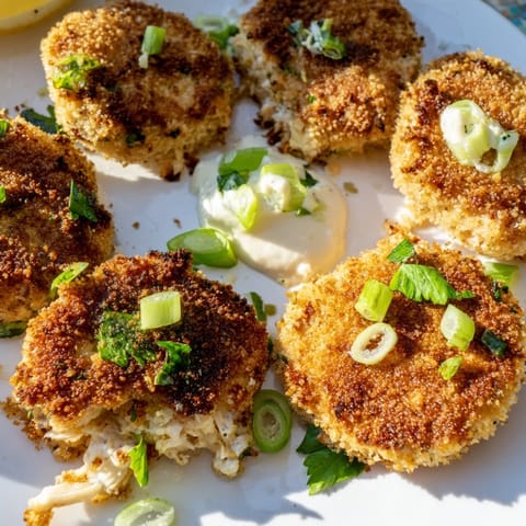 Close-up of freshly pan-fried crab cakes next to a small bowl of tangy dipping sauce for serving.