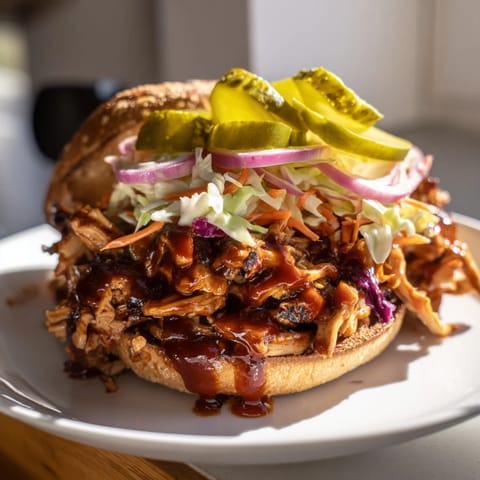 Close-up of a flavorful BBQ chicken sandwich, loaded with tender chicken and tangy sauce.