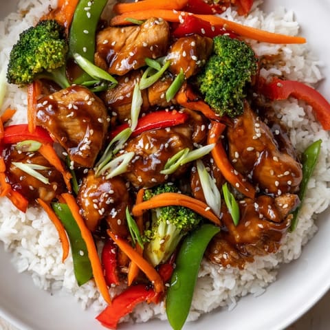 A steaming bowl of teriyaki chicken, complete with vibrant vegetables and glossy sauce.