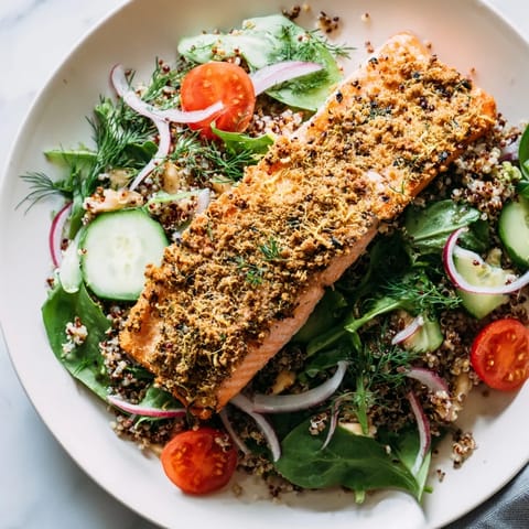 A close-up of the Lemon Herb Salmon Salad shows golden salmon, fluffy quinoa, and crisp greens drizzled with zesty citrus vinaigrette.  