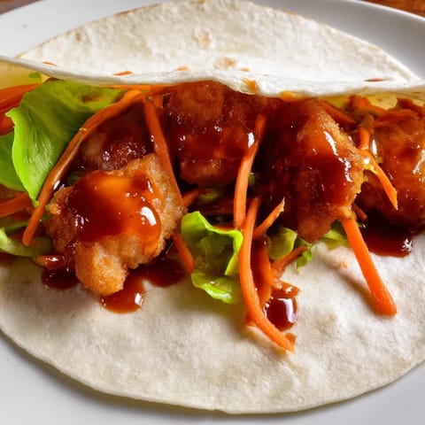 Close-up view of a sliced Honey Sriracha Chicken Wrap revealing tender glazed chicken, crisp carrots, and creamy mayonnaise on a wooden board.