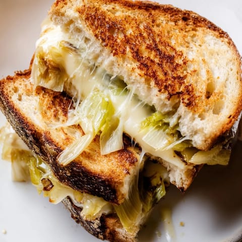 A close-up of a halved Havarti & Caramelized Leek Grilled Cheese, showing gooey, creamy cheese and soft, golden-brown onions on buttery bread.