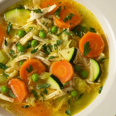 A close-up of Spring Garden Chicken Soup featuring sliced carrots, zucchini, and fresh herbs in a clear broth.