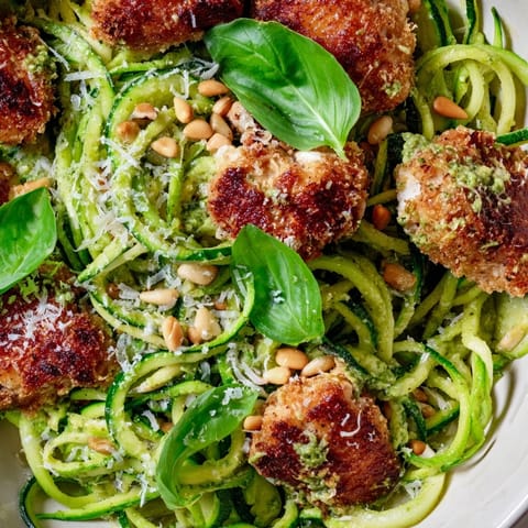 A vibrant Pesto Zucchini Chicken Bowl served in a white bowl, garnished with fresh basil leaves and a light drizzle of extra virgin olive oil.