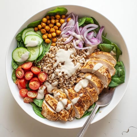Roasted chicken and crispy chickpeas fill this Lemon Tahini Chicken Power Bowl with bright greens and a creamy lemon-tahini drizzle.  