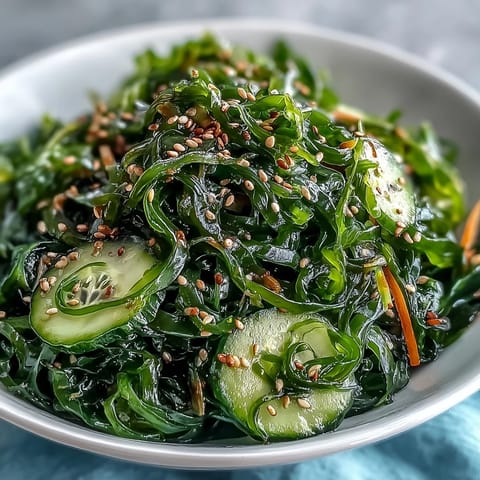 A close-up of Seaweed Salad garnished with toasted sesame seeds and fresh cilantro, perfect as a light appetizer.  