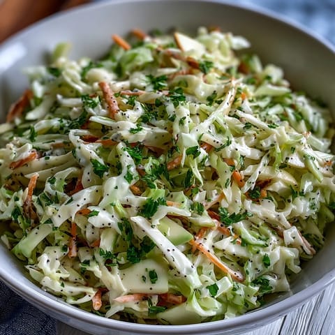 Fine shreds of green cabbage and tart Granny Smith apples mix with grated carrots in this Green Cabbage and Apple Slaw, ready to serve in a rustic white bowl.