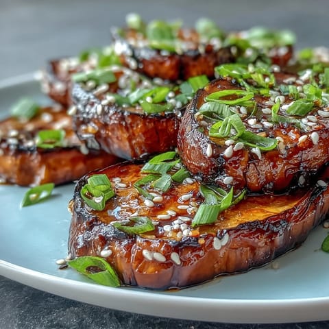 Golden-brown miso glazed eggplant halves roasted to tender perfection, garnished with toasted sesame seeds and fresh green onions on a rustic plate.  