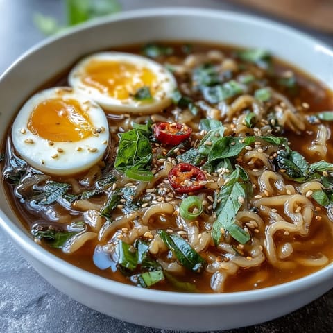 Rich bone broth with ginger-infused shirataki noodles, garnished with chili and sesame seeds for a flavorful low-carb dish.