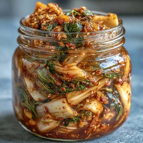 Vibrant, ruby-red kimchi showcasing fermented napa cabbage and daikon, glistening with spicy chili paste and fresh scallions in a glass jar.  