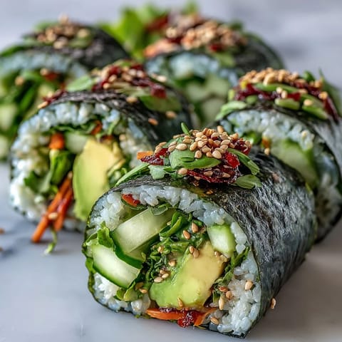 Eight homemade nori rolls arranged on a white plate, showcasing layers of crisp cucumber, creamy avocado, and colorful sprouts for a fresh, healthy snack.
