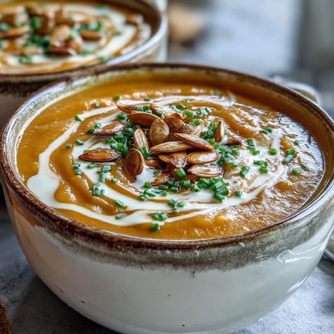 Garnished pumpkin soup in a white bowl with a swirl of cream and chives.
