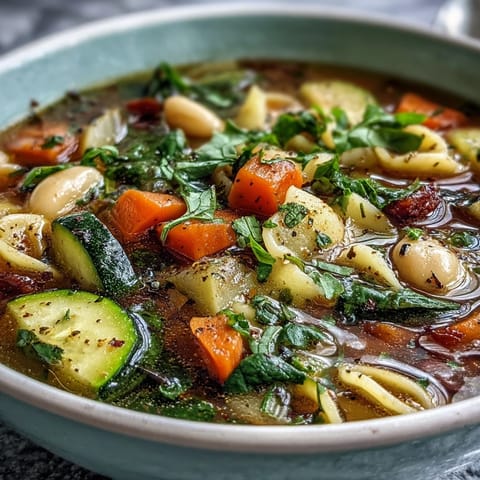 A close-up of steaming Vegetable Minestrone served in a rustic bowl, topped with parsley and grated Parmesan.