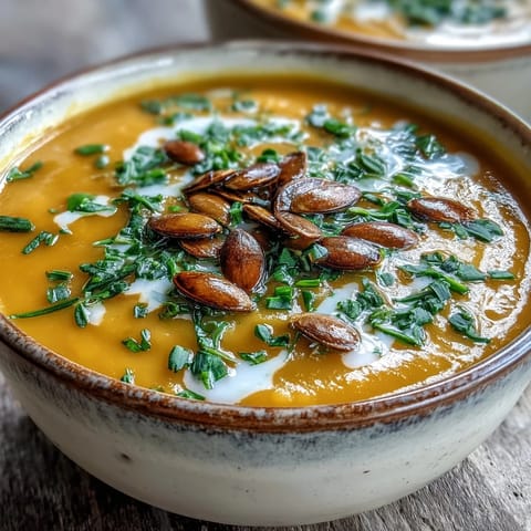 A bowl of creamy Acorn Squash Soup garnished with toasted pumpkin seeds and fresh chives.