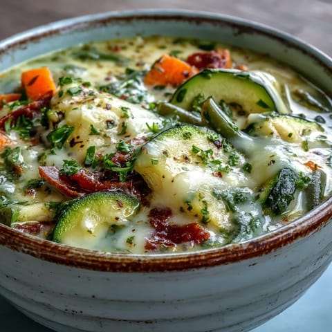 A steaming pot of Parmesan Veggie Soup with colorful chopped vegetables and fresh herbs.