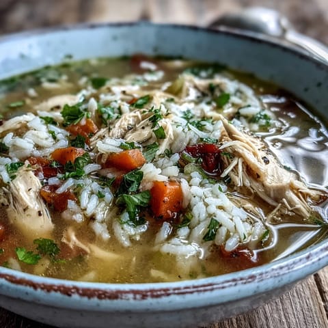 A steaming bowl of Cozy Winter Chicken and Rice Soup, brimming with tender shredded chicken, fluffy rice, and vibrant carrots and celery.