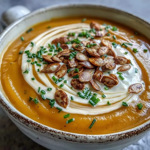 Creamy pumpkin soup with toasted seeds and herbs in a rustic bowl, served hot.