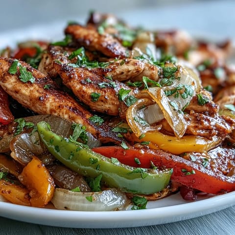 Sizzling skillet of Easy Chicken Fajitas ready to be wrapped in tortillas.