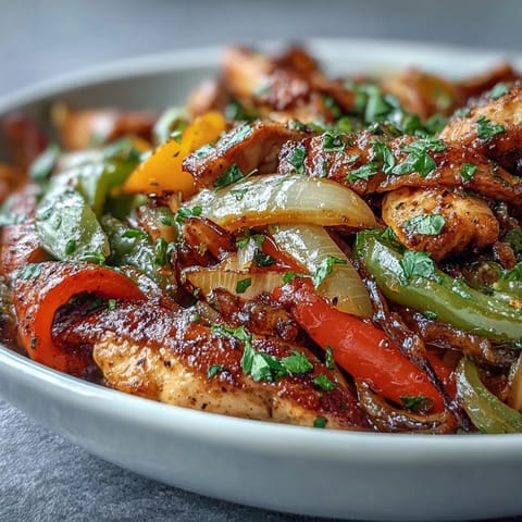 Plated Easy Chicken Fajitas with colorful peppers and warm flour tortillas.