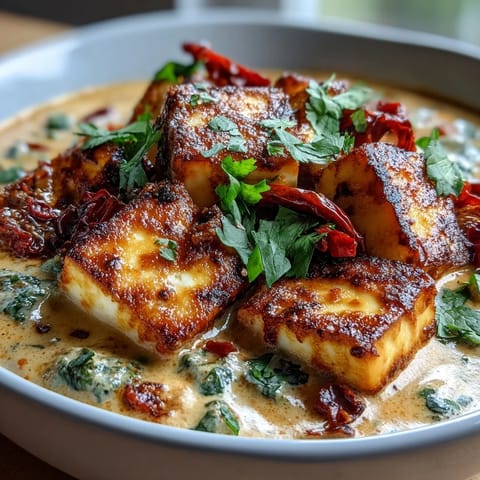 Golden fried halloumi cubes simmer in a creamy tomato coconut curry, garnished with fresh cilantro.