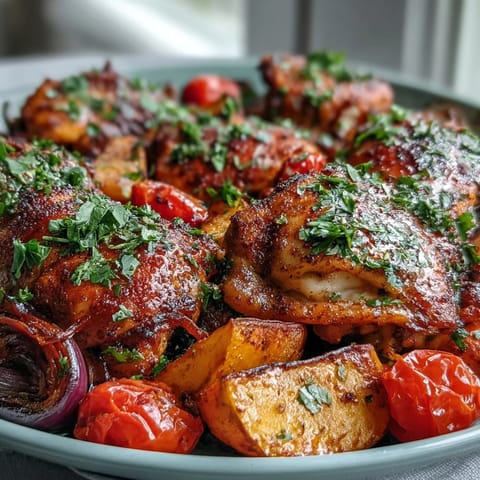 Sizzling piri-piri chicken thighs roast next to caramelized sweet potato wedges and peppers in this vibrant traybake. 