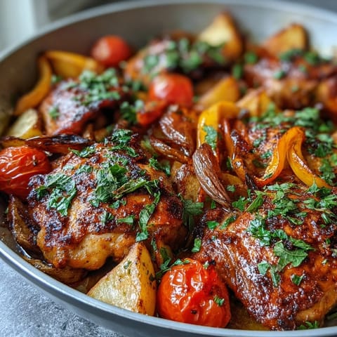 Juicy chicken thighs glazed in piri-piri seasoning sit beside golden sweet potato chunks and tender bell peppers. 