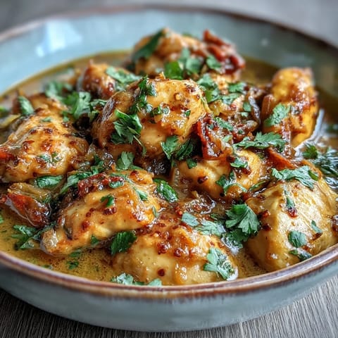 A bowl of Easy Chicken Curry topped with fresh cilantro, served alongside fluffy basmati rice for dinner.