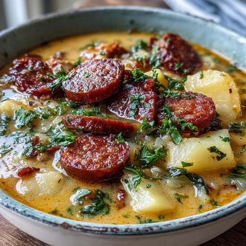 A hearty bowl of Potato, Leek and Chorizo Soup with smoky chorizo and soft potatoes, ready to serve on a cozy table.