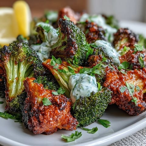 Roasted harissa broccoli piled high on warm, soft flatbreads, topped with creamy dollops of Greek yogurt.