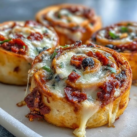 Golden Tortilla Pizza Rolls with a crispy crust and gooey cheese pull, served warm alongside a small bowl of rich marinara dipping sauce.
