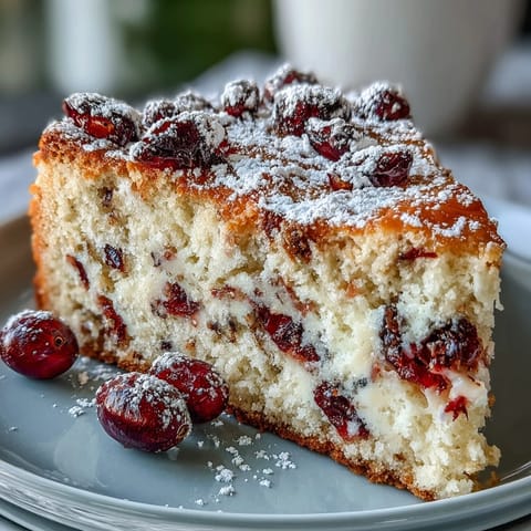 Freshly baked Cranberry Orange Breakfast Cake shows a golden-brown top dusted with powdered sugar, served on a white plate with vibrant cranberries and orange slices.