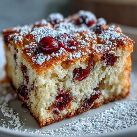 A slice of moist Cranberry Orange Breakfast Cake reveals tender crumb, ruby cranberries, and aromatic orange zest on a rustic wooden board, ready to enjoy.