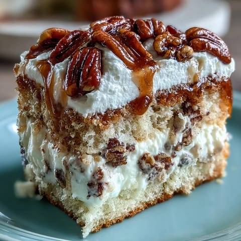 A slice of Butter Pecan Tres Leches Cake on a plate, featuring golden brown pecans and fluffy whipped cream for a decadent dessert.