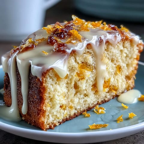 Moist slices of Heavenly Blood Orange Yogurt Cake with glossy citrus icing are served on a white plate.