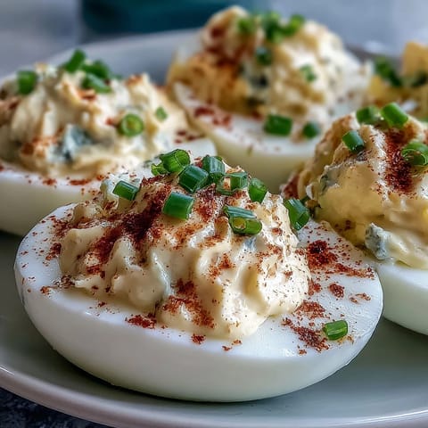 Million Dollar Deviled Eggs garnished with paprika and fresh chives on a white platter for a party.