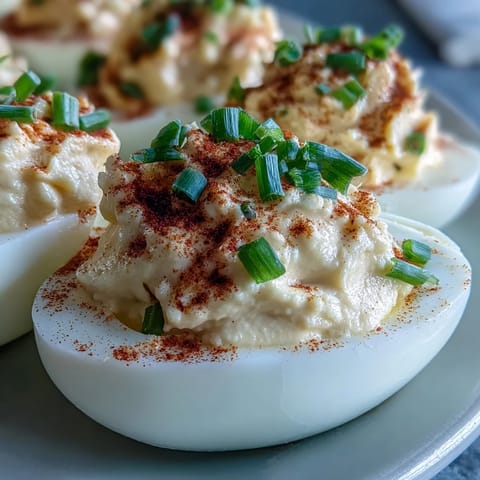 Freshly filled Million Dollar Deviled Eggs with creamy yolk mixture, served chilled on a decorative plate.