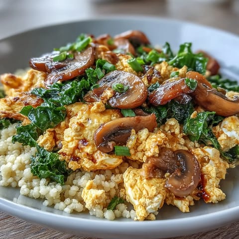 A hearty vegan Scrambled Tofu Breakfast Bowl topped with avocado slices and cherry tomatoes, ready to serve.