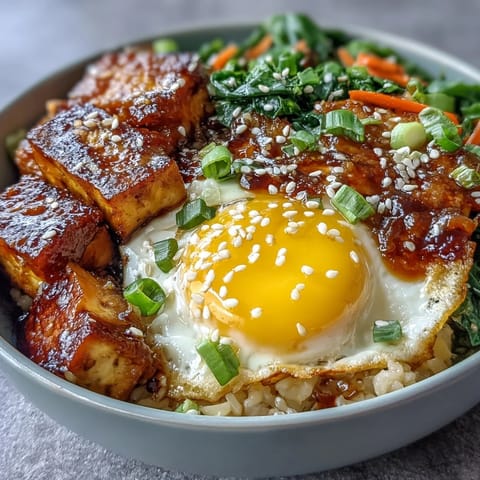 A vibrant Tofu Jammy Egg Breakfast Bowl with fluffy rice, golden tofu, and a halved jammy egg.