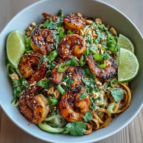 Grilled Shrimp Asian Noodle Bowl topped with creamy avocado and crunchy peanuts, served with lime wedges on a dark plate.