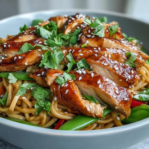 Hearty noodles tossed with chicken, carrots, and snap peas, garnished with sesame seeds and fresh cilantro. 