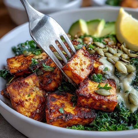 A vibrant tofu breakfast bowl with golden turmeric tofu, sautéed kale, and creamy avocado slices, topped with green onions and pumpkin seeds.  
