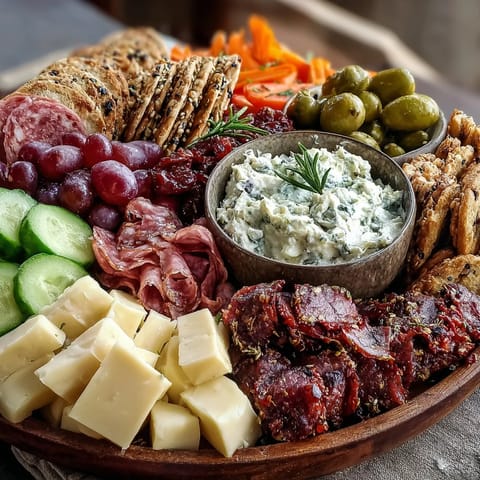 A beautifully arranged charcuterie board with cured meats, cheeses, and dips for a housewarming party.