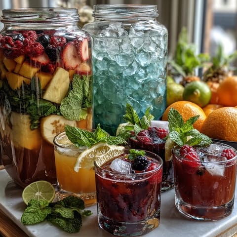 Festive lemonade station featuring colorful fruit, herbs, and flavored syrups for DIY refreshments.  