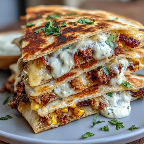 Crispy Cinco de Mayo Street Corn Quesadillas loaded with roasted corn and melty cheese, drizzled with smoky chipotle crema.