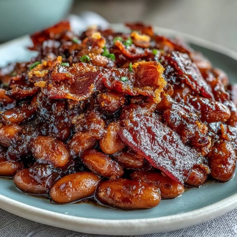 Classic summer BBQ baked beans with brown sugar and crispy bacon, bubbling in a smoky, sweet sauce